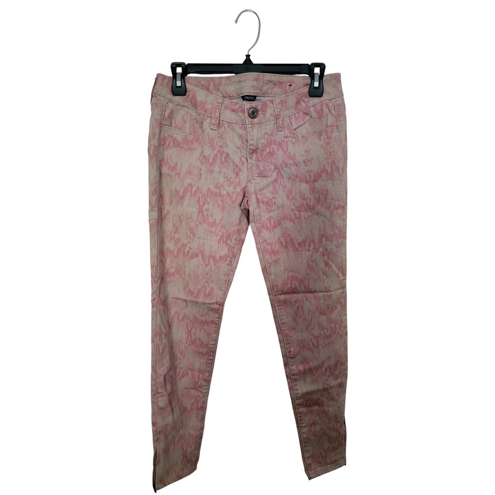 American Eagle Skinny Jeans Womens 4 Pink Tan Abstract Ikat Print Ankle Zip Low